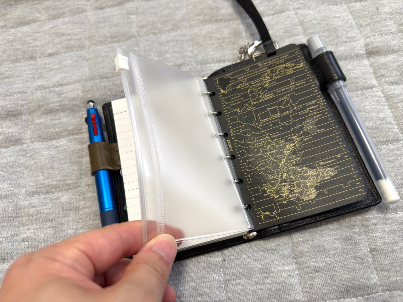 システム手帳にセットしたファスナーポケットとバンドリフター