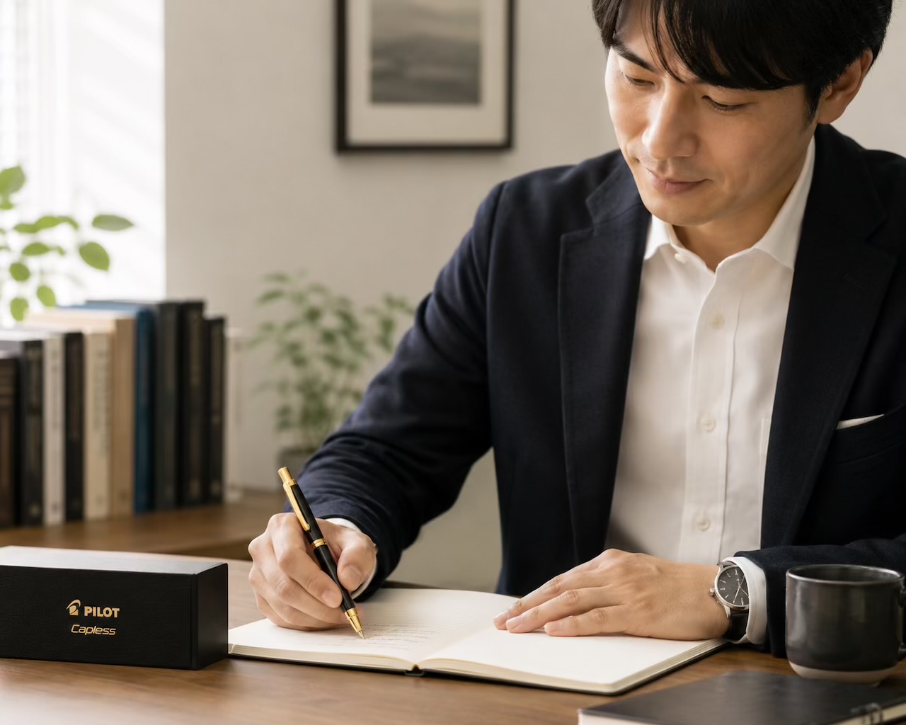 キャップレスで書く男性
